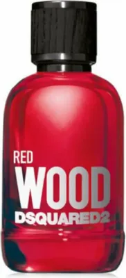 A red glass bottle of Dsquared2 Red Wood Eau de Toilette for women.