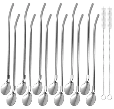 Produktbild von 12-teiliges Set aus Edelstahl, 2-in-1: Trinkhalm und Löffel
