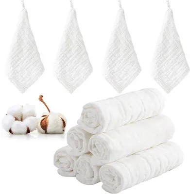 Image de Ensemble de 10 lingettes et bavoirs en mousseline de coton Unyqoos®, 6 couches, 25 x 25 cm, doux et très absorbants – idéal pour les peaux délicates des bébés