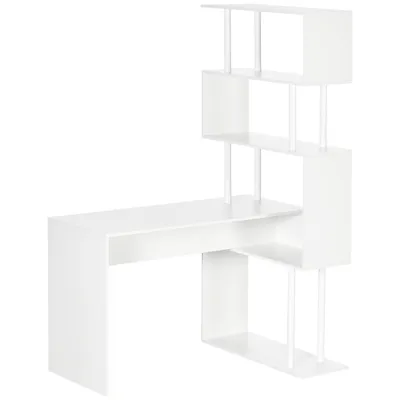 A white L-shaped desk with integrated shelving units, shown against a white background.