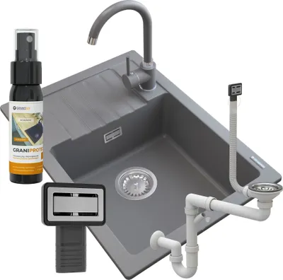 Produktbild von Granitan | Spülbecken Granit - Grau - 62x44x17,5 cm - ARGOS + Siphon + Küchenarmatur BETA + Impregnat