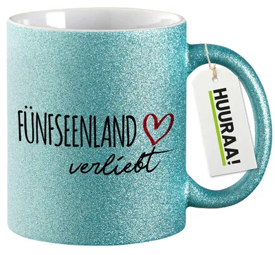 Produktbild von Huuraa Glitzertasse Fünfseenland verliebt 330ml Blau Keramik Kaffeebecher Geschenkidee
