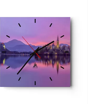 Produktbild von Wanduhr - Quadrat - Glasuhr - Landschaft Berg See Kirche - 30x30cm - Schleichendes Uhrwerk - Lautlos - zum Aufhängen bereit - Dekoration Modern - Wanddekoration aus Glas - C3AC30x30-3208