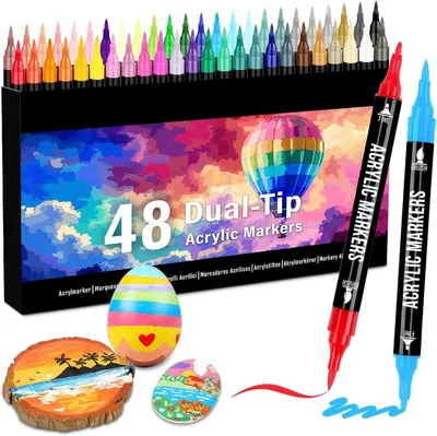 Produktbild von PromoHome® 48 Farben Acrylstifte-Set – Acrylmarker mit feiner Spitze und Pinsel für Stoff, Leinwand, Glas, Holz und Papier