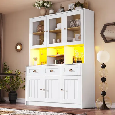 Productafbeelding van Keukenkast 140 x 40 x 175 cm met LED-verlichting, 3 laden, 6 deuren, verstelbare planken en kantelbeveiliging, keukenbuffet, wit