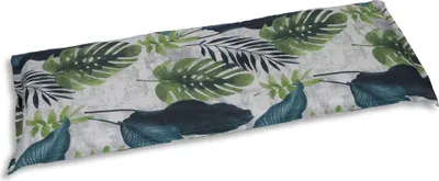 A long, rectangular cushion with a tropical leaf pattern.