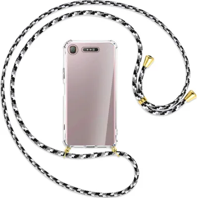 Produktbild von Handykette Backcover-Schutzhülle mit Band (Metall goldfarben) für Sony Xperia XZ1 - schwarz/grau/weiß
