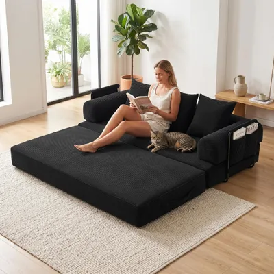 Produktbild von LVHOM Klappbares Schlafsofa aus Cordstoff, Modulares Tagesbett mit Metallgestell, Klappsofa Bodensofa mit Stauraum, 300kg Belastbarkeit, Schwarz
