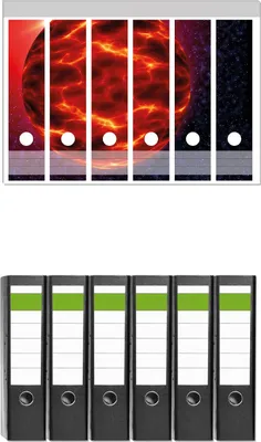 Produktbild von Wallario 6 Stück breite Ordner inkl. Klebeetiketten mit Motive Abstrakter Planet im Weltall in glühendem rot -  Set mit Rückenschildern / Ordnerrücken Stickern