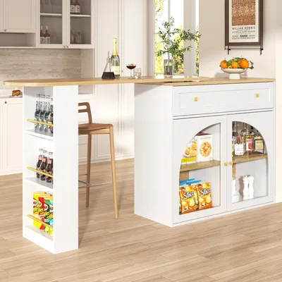 Immagine prodotto di Tavolo bar allungabile con spazio contenitore, bancone da pranzo girevole a 360°, dimensioni 138-204x39x104 cm, isola cucina con ripiani e ante in vetro, colore bianco