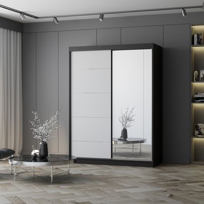 Kleiderschrank Schiebetürenschrank Schrank Schwebetürenschrank 150 cm Schwarz/Weiß mit Spiegel Vista 05