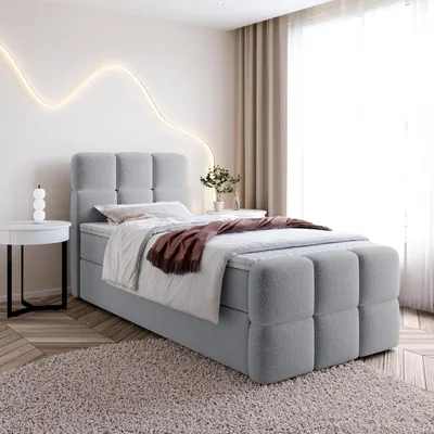Produktbild von Einzelbett SALA MINI mit Bettkasten, Boxspringbett mit Bonellfederkern-Matratze und Bouclé-Stoff (90x200, Grau - Fredo 35, topper T25)