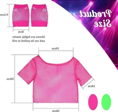 80er 90er Retro-Outfit für Frauen, Off-Shoulder Netzshirt, Neon-Top mit 2 Paar Handschuhen für Party, Cosplay und Karneval