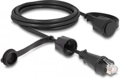 Obrázok produktu pre Sieťový kábel DeLOCK RJ45 konektor na RJ45 konektor Cat.6 STP s tesniacim uzáverom Vonkajší IP68 prachotesný a vodotesný čierny 2 m (80167)