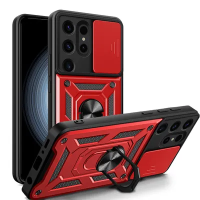 Produktbild von Outdoor Panzer Hülle für Samsung Galaxy S24 Ultra mit Kameraschutz Ringhalter Rot