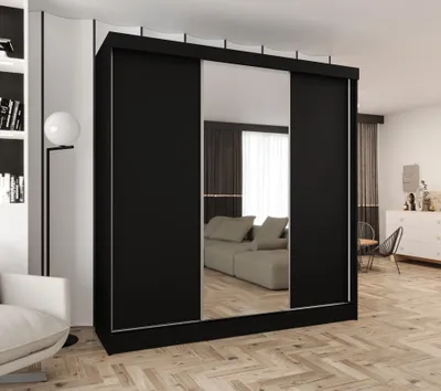 Produktbild von Schwebetürenschrank 3-türig 250x205x58 cm Schwarz mit 1 Spiegel – Moderner Kleiderschrank