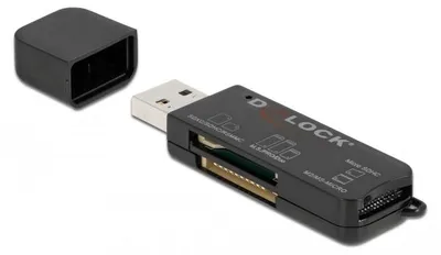 Produktbild von DeLOCK SuperSpeed USB Card Reader für SD / Micro SD / MS Speicherkarten, MMC, MMCmicro, MS Duo, MS Micro (M2), MS PRO, MS PRO Duo, MS Pro-HG, MS Pro-HG Duo, MS XC-HG Duo,..., Schwarz, 5000 Mbit/s, USB 3.2 Gen 1 (3.1 Gen 1) Type-A, 69 mm, 19 mm
