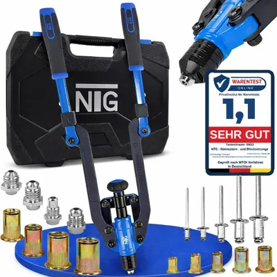 A collage of a rivet gun set with accessories and a product rating badge.