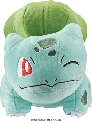 A plush toy of the Pokemon character Bulbasaur.