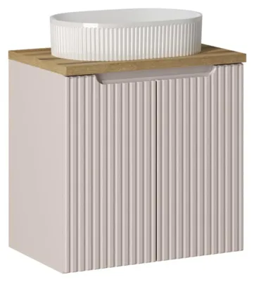Image de Ensemble VANO cachemire et chêne 60cm : meuble sous vasque à placards + plan pour vasque + vasque à poser rainurée blanche