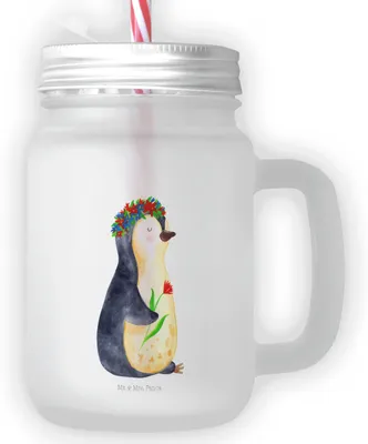 Produktbild von Mr. & Mrs. Panda Cocktailglas Pinguin Blumen - Transparent - Geschenk, Wunderschön, Universum, Pinguine, Blumenliebe, Geschenkidee, Mason Jar, Eiskaffee Glas, mit deckel