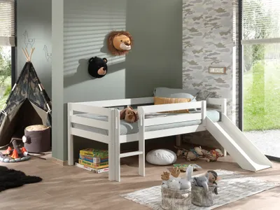 Produktbild von VIPACK Kojen-Spielbett mit Liegefläche 90 x 200 cm, inkl. Leiter, Rutsche und Rolllattenrost, Kiefer massiv weiß lackiert