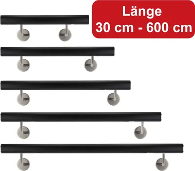 Produktbild von TIBU Handlauf Aluminium Schwarz 30-600cm Wandhandlauf Treppe gewinkelte Edelstahlhalter, Länge 430 cm mit 5 Halter und gerade Kappe