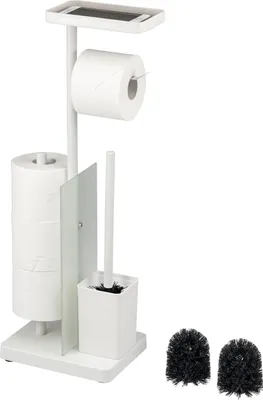 Produktbild von eluno Stand-WC-Garnitur 4in1, freistehende Toilettengarnitur inklusive WC-Bürste, 2 Ersatzbürstenköpfe, (Ersatz-) Rollenhalter für 3 Rollen, Ablage, satiniertes Glas und Metall, in weiß