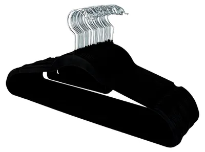 Produktbild von Kleiderbügel Set aus Samt – schwarze Samtbügel mit rutschfester Oberfläche, Kunststoffkern, Hosensteg, Kerben und 360° Haken für Anzüge, Hemden und Jacken