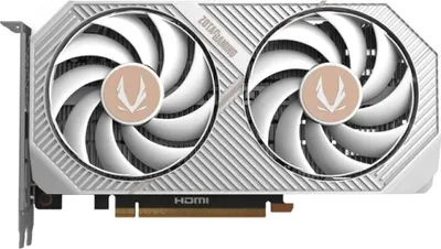A white graphics card with two fans is shown against a white background.