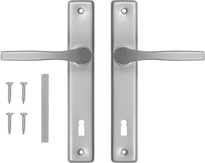 A pair of silver door handles with escutcheons, along with screws and a connecting bar, are laid out on a white background.