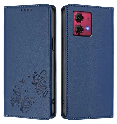 Produktbild von Lederhülle für Motorola Moto G84, Schmetterling Prägung Leder Brieftasche Schutzhülle mit Ständer Dunkelblau