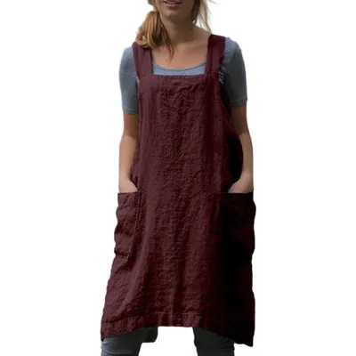 Produktbild von Baumwolle Leinen Schürzen Einfarbig Kreuz Zurück Schürze,für Küche,(Weinrot)