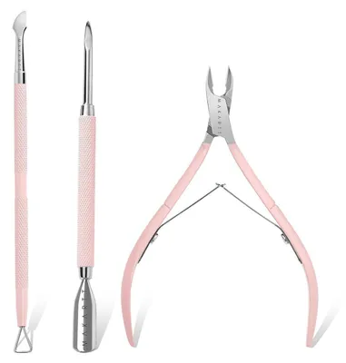 Productafbeelding van Nagelriemknipper & Nagelriemverwijderaar set, 3-delig, roze, roestvrij staal, inclusief duwer, schraper