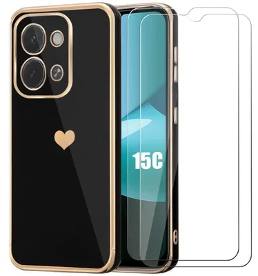 Image de Coque + 2 Verres Trempés pour Xiaomi Redmi 15C 4G/5G, Silicone Motif Cœur Antichoc Souple Slim - Noir