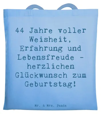 Produktbild von Mr. & Mrs. Panda Beutel Spruch 44. Geburtstag - Sky Blue - Geschenk, herzlichen Glückwunsch, totebag, Laptoptasche, Erfahrung, Alter, Jubiläum, Liebevoll, Tote Bag