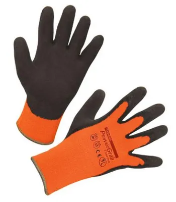 A pair of orange and black work gloves.