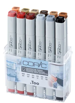 Obrázok produktu pre Copic Classic Architecture Colours, 12 kusov, Viacfarebný, Jemné zakončenie, Obdĺžnik, Atrament na alkoholovej báze, Dospelý/Dieťa