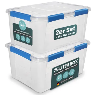 Produktbild von Kreher® Aufbewahrungsbox 75 L mit Deckel - wasserdicht & staubdicht, transparent & stapelbar, BPA- & schadstofffrei, robuste Kunststoffbox (2 Stück)