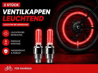 Produktbild von 2x LED Ventilkappen Rot für Fahrrad – Leuchtende Ventillichter – Bewegungsaktiviert – Fahrrad Zubehör, KI-generiertes Bild