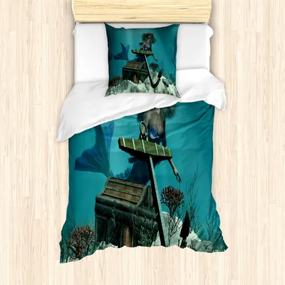 Produktbild von ABAKUHAUS Meerjungfrau Mantele, Ozean Mythische Piraten, Milbensicher Allergiker geeignet mit Kissenbezügen, 135 cm x 200 cm - 80 x 80 cm, Azure Blau Braun Creme