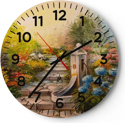 Produktbild von Wanduhr - Rund - Glasuhr - Garten Blumen Sommer - 30x30cm - Schleichendes Uhrwerk - Lautlos - zum Aufhängen bereit - Dekoration Modern - Wanddekoration aus Glas - C4AR30x30-3694