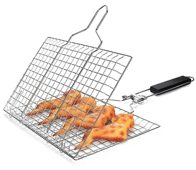 Obrázek produktu pro Grilovací mřížka RVS s ohebnými rukojeťmi, vhodná pro ryby a zeleninu