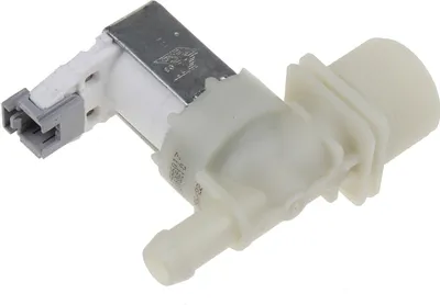 A close-up studio shot of a white plastic and metal water inlet valve for a dishwasher.