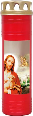 Image de Bougie funéraire rouge 170h ( couvercle or ) - Jésus avec agneau
