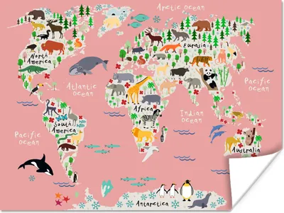 Produktbild von MuchoWow® Poster Weltkarte - Kinder - Rosa - Tiere 120x90 cm - Wandbild