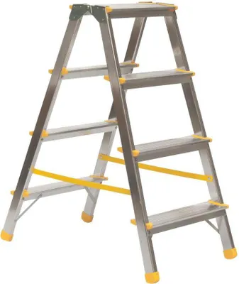 A silver aluminum stepladder with yellow accents against a white background.