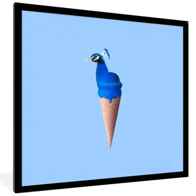 Produktbild von MuchoWow® Gerahmtes Poster Pfau - Eistüten - Eiscreme - Blau - Vogel 40x40 cm - Poster mit Schwarzem Bilderrahmen Wandposter Rahmen Foto Bilder - Mit Rahmen - Wanddekoration Schlafzimmer