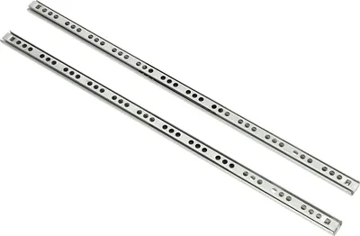 Two metal drawer slides against a white background.