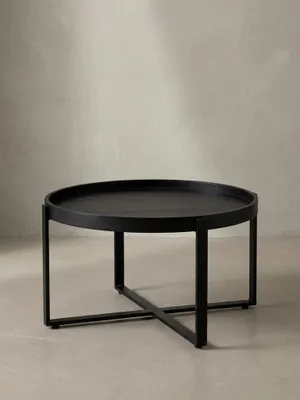 Produktbild von Couchtisch 60x60x35 cm Mango Massivholz / Metall Schwarz Sofatisch Rund, Design Wohnzimmertisch mit erhöhtem Rand, Industrial Kaffeetisch Wohnzimmer Modern
